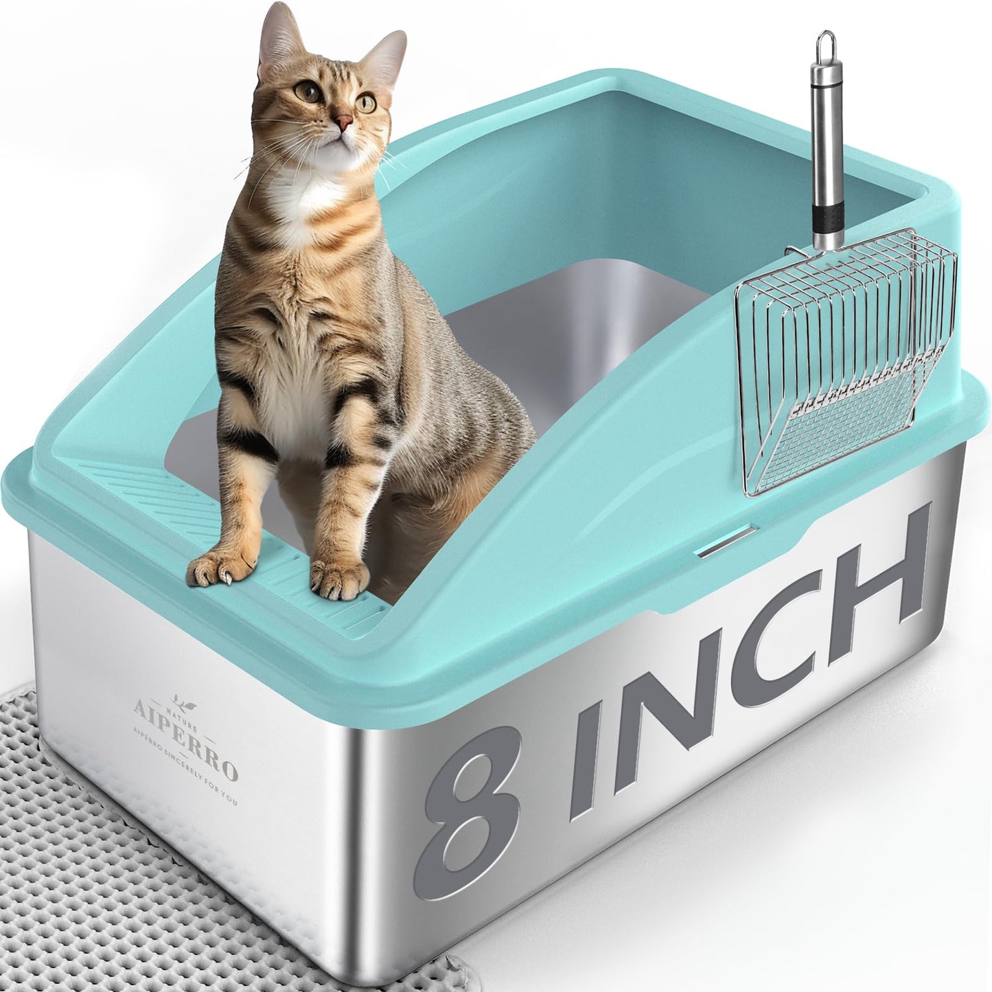 AIPERRO Stainless Steel Litter Box | XL Enclosed Cat Litter Boxs with Lid for Big Cats | High Sided, Anti-Urine Leakage | Non-Stick Bottom & Includes Litter Mat & Metal Scoop