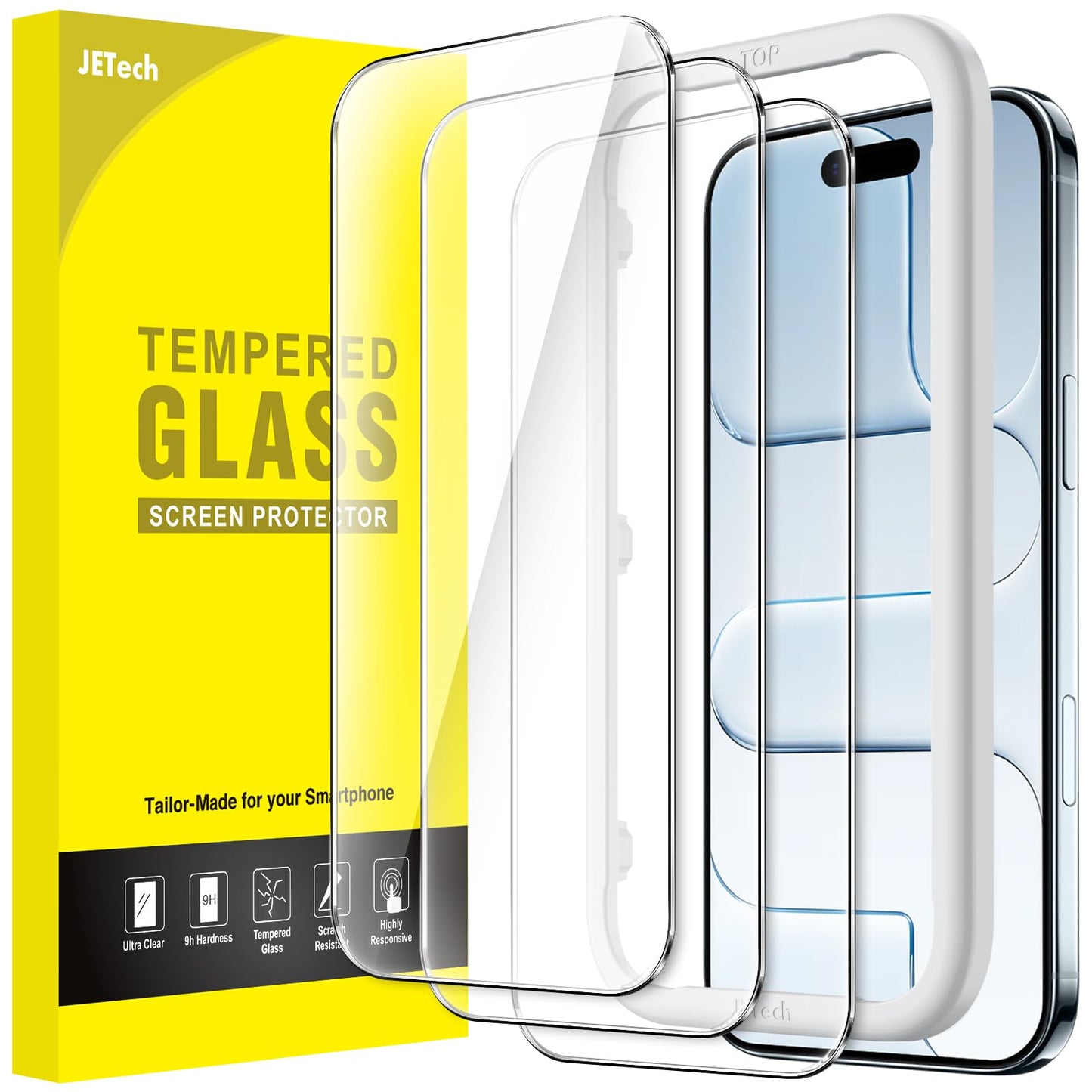 JETech Screen Protector for iPhone 17/16/15 Series, Tempered Glass Film with Easy Installation Tool, Case-Friendly, HD Clear, 3-Pack