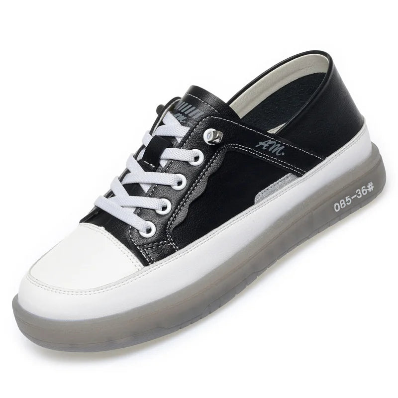 Women's Lace-up Breathable Soft Leather Sneakers Casual Fashionable Sports Shoes Vulcanized Summer Flat Low Heel Shoes