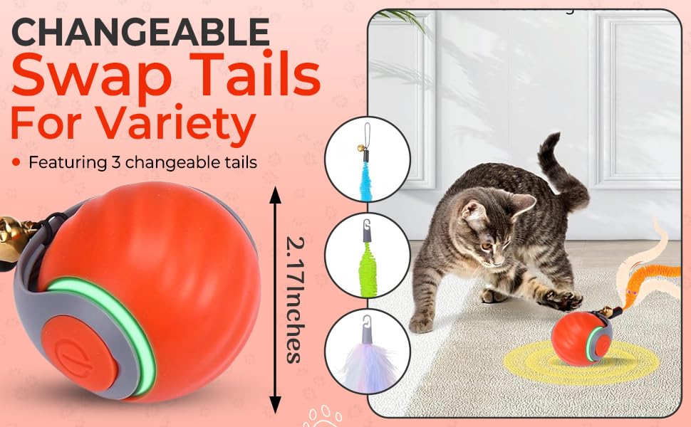 Dr. Fluffyyes Interactive Cat Toy Ball – Motion-Activated, USB Rechargeable Ball with Anti-Scratch Cover & 2 Changeable Tails – Fun Indoor Enrichment Toy for Active Cats & Kittens