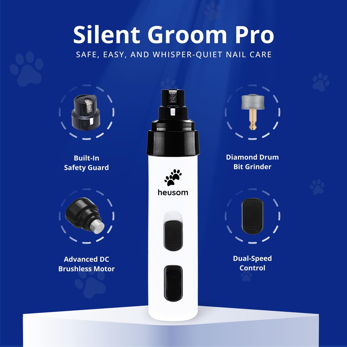 Heusom Silent Groom Pro Pet Nail Grinder | Whisper Quiet Claw Trimmer for Dogs, Cats and Other Animals | Safe & Stress Free Nail Grooming, Ideal for Sensitive Dogs of All Breeds & Sizes