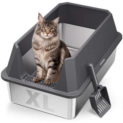 Tevila Stainless Steel Litter Box with High Sides, XL High Sided Cat Litter Pan, Open Top Extra Large Metal Cat Litter Box, Non-Stick, Odor Free, Leakproof, Scoop Included