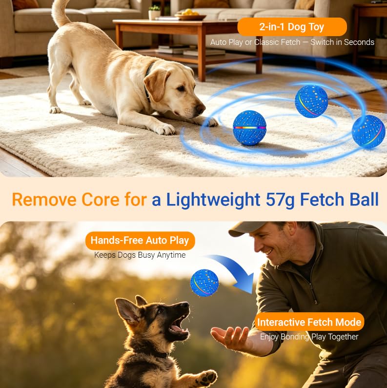 GULUNOOK Interactive Dog Ball Toy for Small Medium Dogs – Smart Auto Moving Bouncing Ball with LED Lights, 3 Play Modes, Durable E-TPU, USB Rechargeable, 2.8” Dog Toys to Keep Dogs Busy