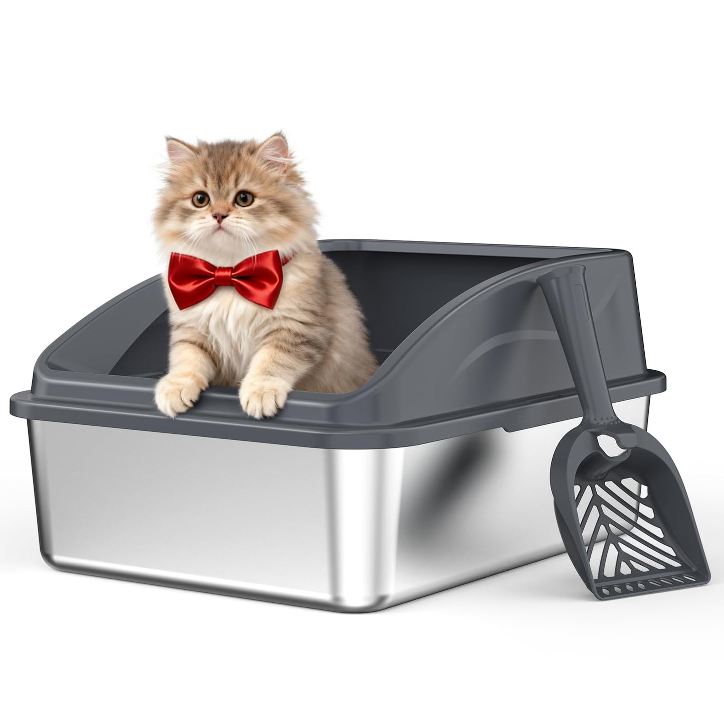 AIPERRO Stainless Steel Litter Box | XL Enclosed Cat Litter Boxs with Lid for Big Cats | High Sided, Anti-Urine Leakage | Non-Stick Bottom & Includes Litter Mat & Metal Scoop