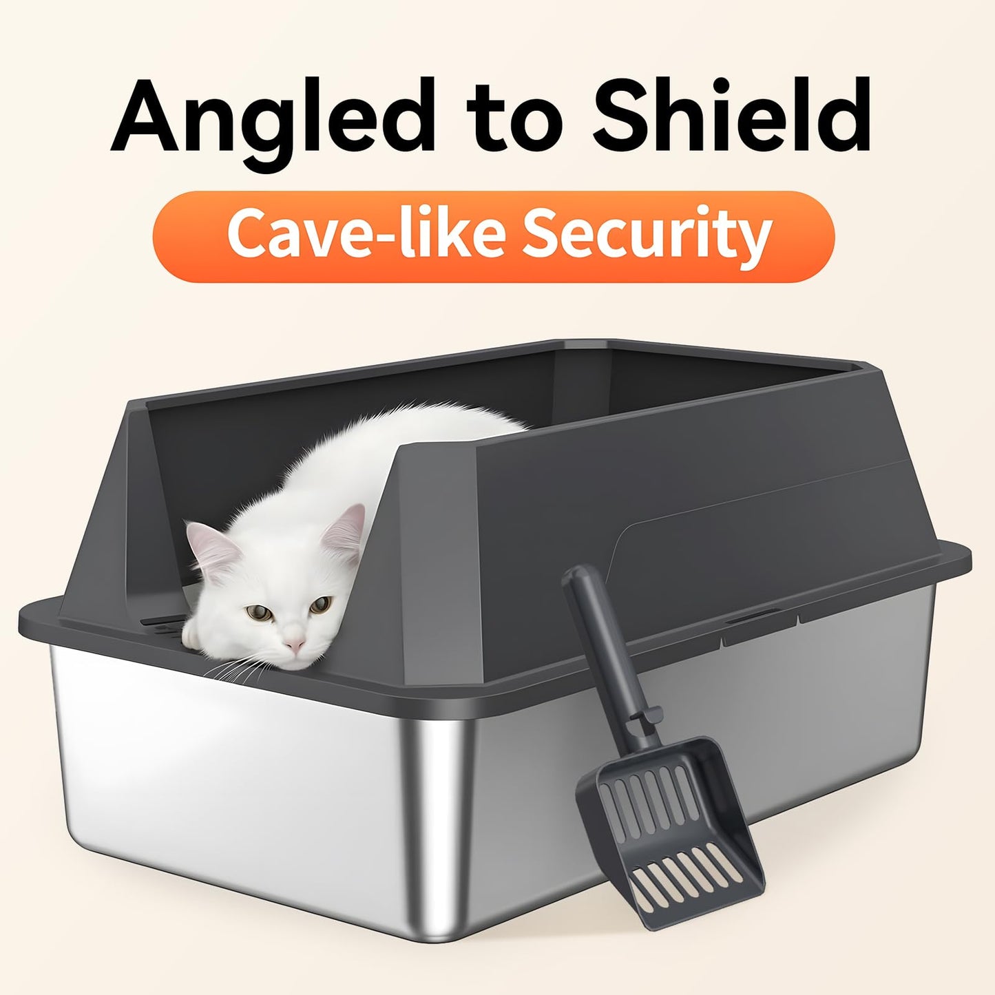 Tevila Stainless Steel Litter Box with High Sides, XL High Sided Cat Litter Pan, Open Top Extra Large Metal Cat Litter Box, Non-Stick, Odor Free, Leakproof, Scoop Included