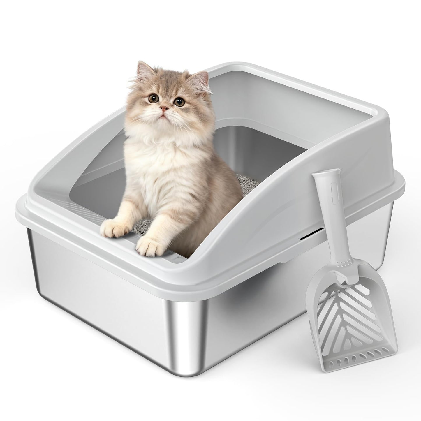 AIPERRO Stainless Steel Litter Box | XL Enclosed Cat Litter Boxs with Lid for Big Cats | High Sided, Anti-Urine Leakage | Non-Stick Bottom & Includes Litter Mat & Metal Scoop