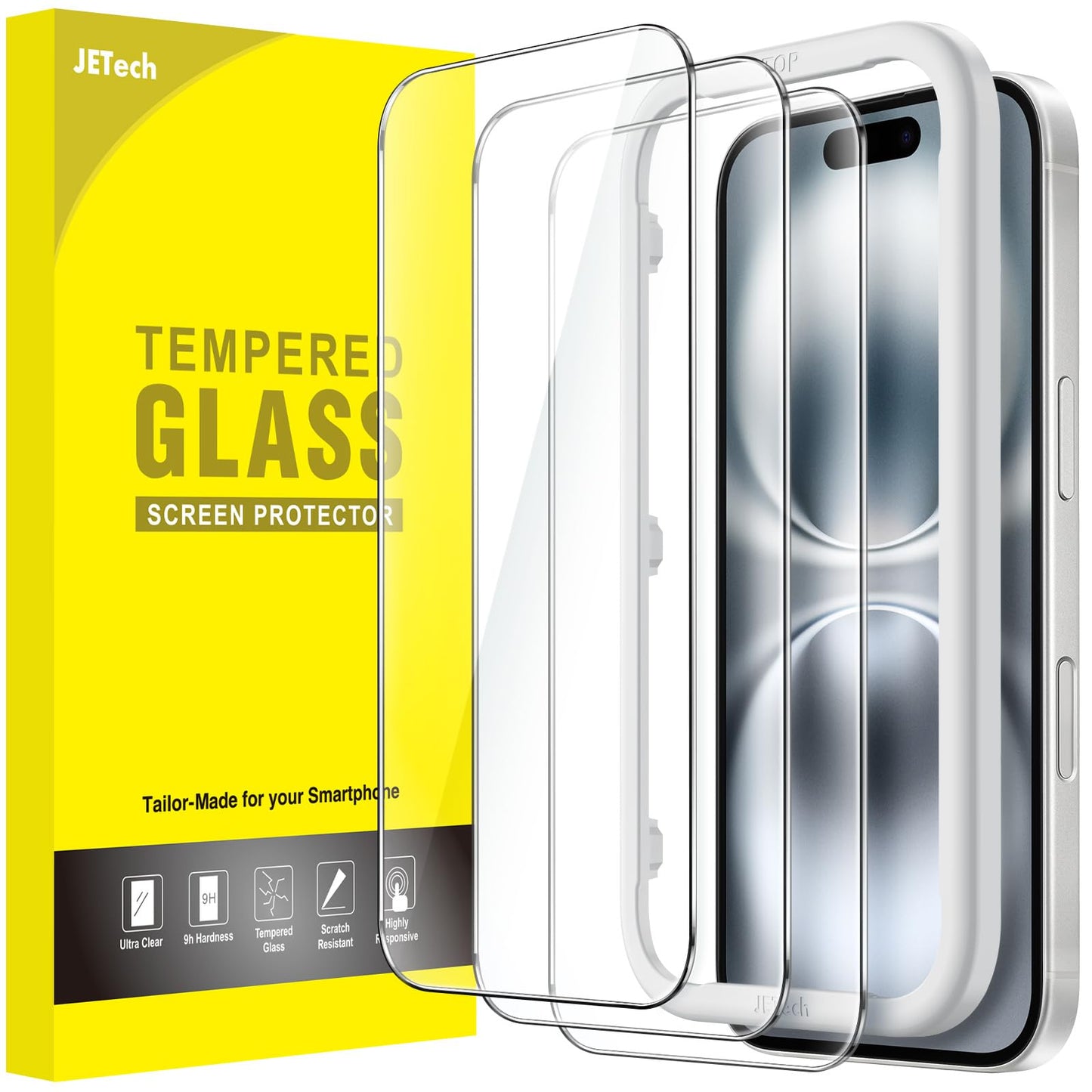 JETech Screen Protector for iPhone 17/16/15 Series, Tempered Glass Film with Easy Installation Tool, Case-Friendly, HD Clear, 3-Pack