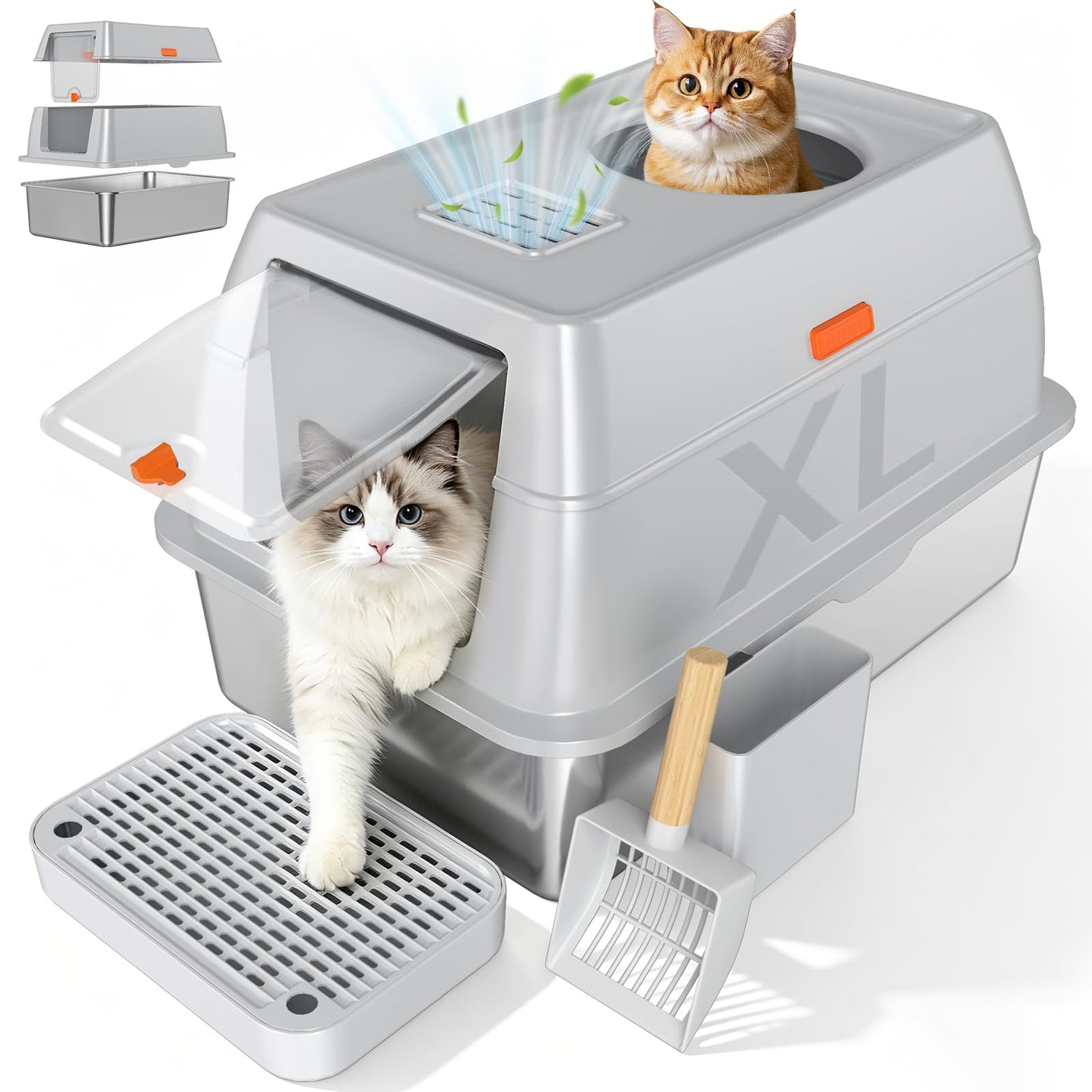 Extra Large Stainless Steel Litter Box with Lid, High Sided Enclosed Metal Cat Litter Pan, Dog Proof Front Entry Top Exit, Odor Control Easy Clean Leak Proof, Includes Scoop & Step, Black