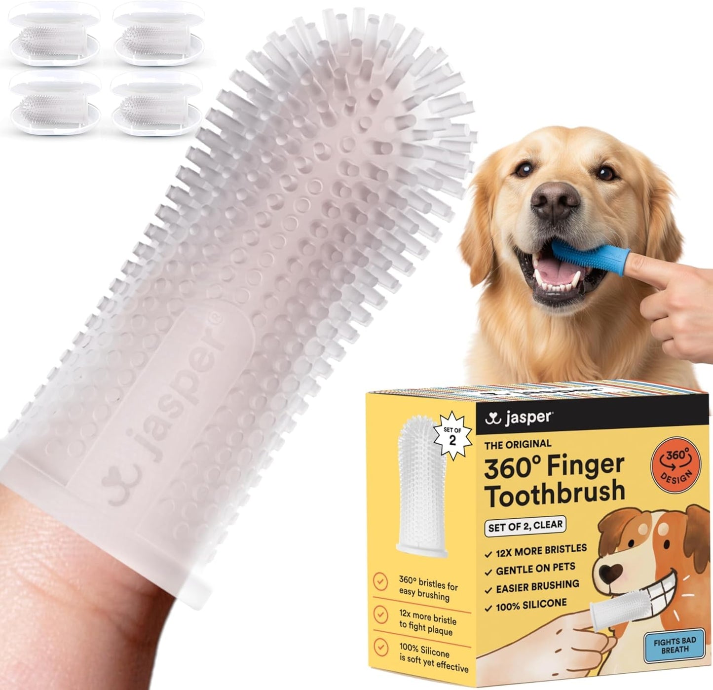 Jasper Dog Toothbrush, 360º Dog Tooth Brushing Kit, Cat Toothbrush, Dog Teeth Cleaning, Dog Finger Toothbrush, Dog Tooth Brush for Small & Large Pets, Dog Toothpaste Not Included