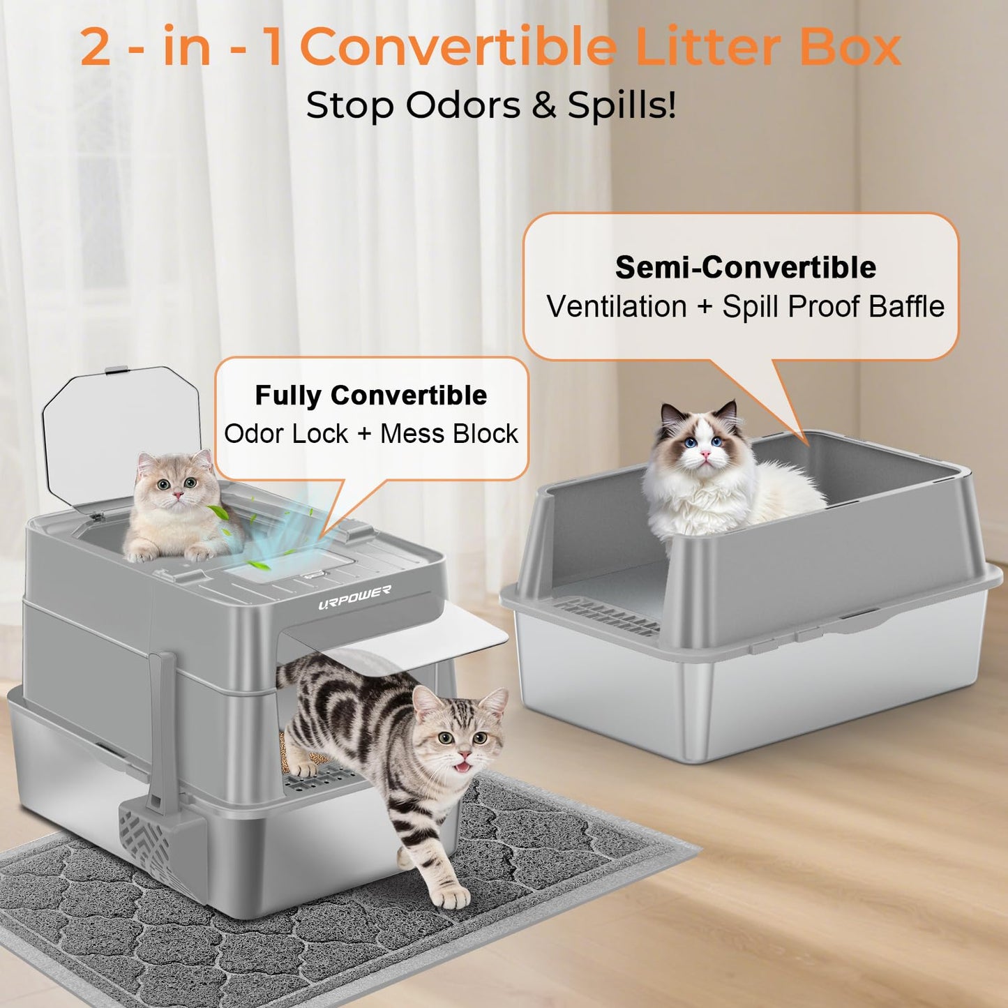 URPOWER Stainless Steel Cat Litter Box with Flip-Top Lid Extra Large Enclosed Litter Box Non-Sticky Metal Pan with High Sided & Scoop, Odor Free, Front & Top Entry, Anti-Leakage, Easy Cleaning