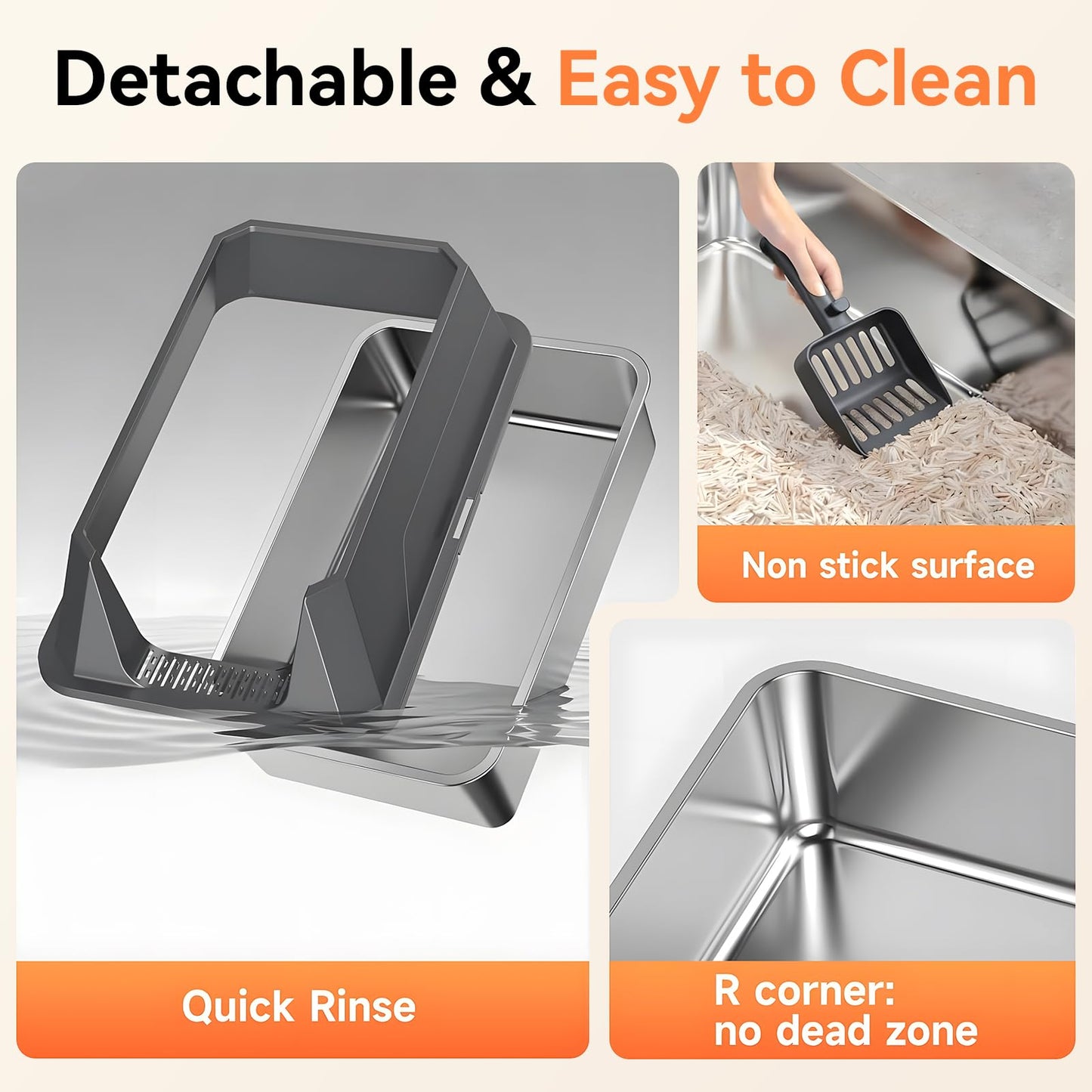 Tevila Stainless Steel Litter Box with High Sides, XL High Sided Cat Litter Pan, Open Top Extra Large Metal Cat Litter Box, Non-Stick, Odor Free, Leakproof, Scoop Included