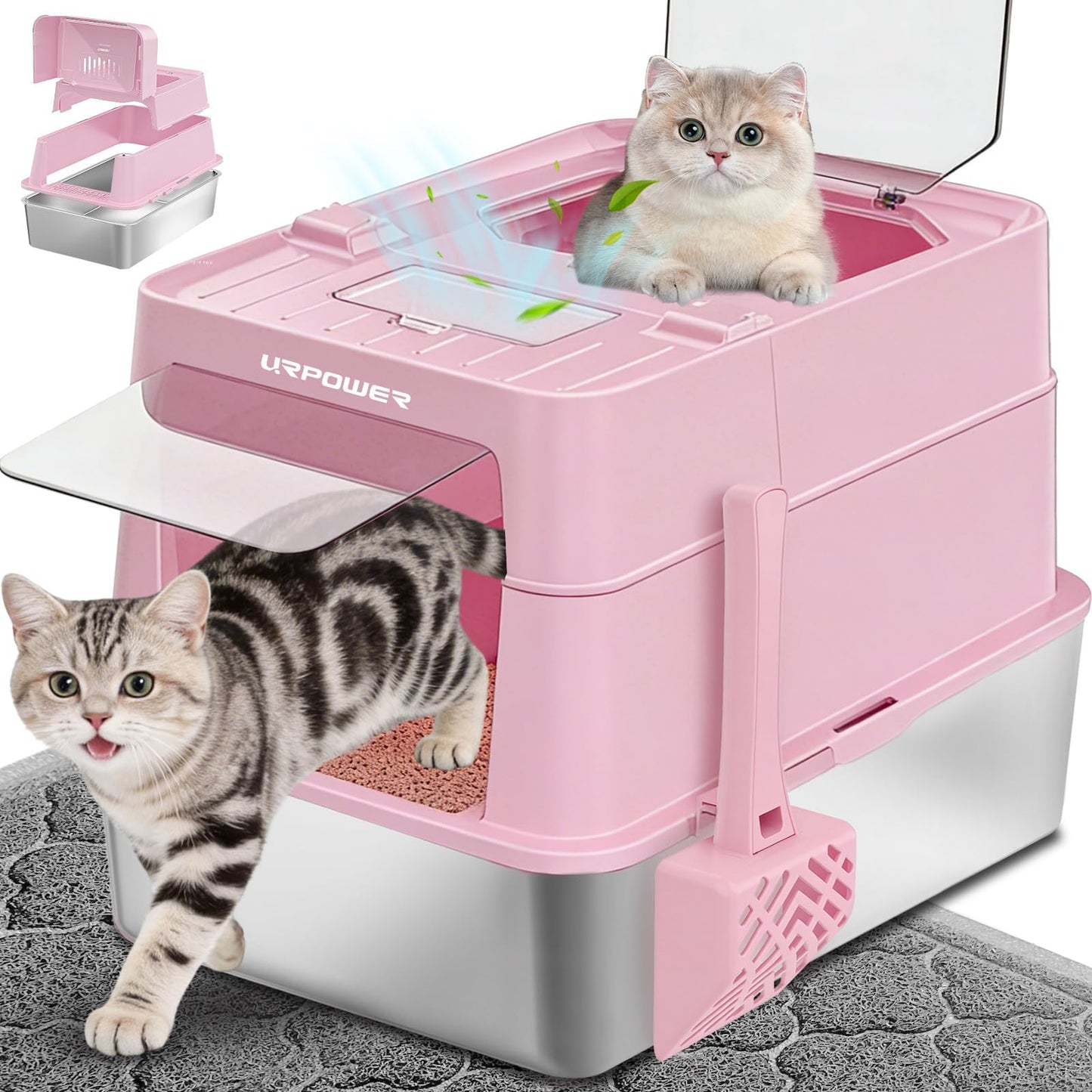 URPOWER Stainless Steel Cat Litter Box with Flip-Top Lid Extra Large Enclosed Litter Box Non-Sticky Metal Pan with High Sided & Scoop, Odor Free, Front & Top Entry, Anti-Leakage, Easy Cleaning