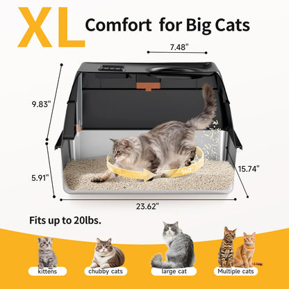 Extra Large Stainless Steel Litter Box with Lid, High Sided Enclosed Metal Cat Litter Pan, Dog Proof Front Entry Top Exit, Odor Control Easy Clean Leak Proof, Includes Scoop & Step, Black