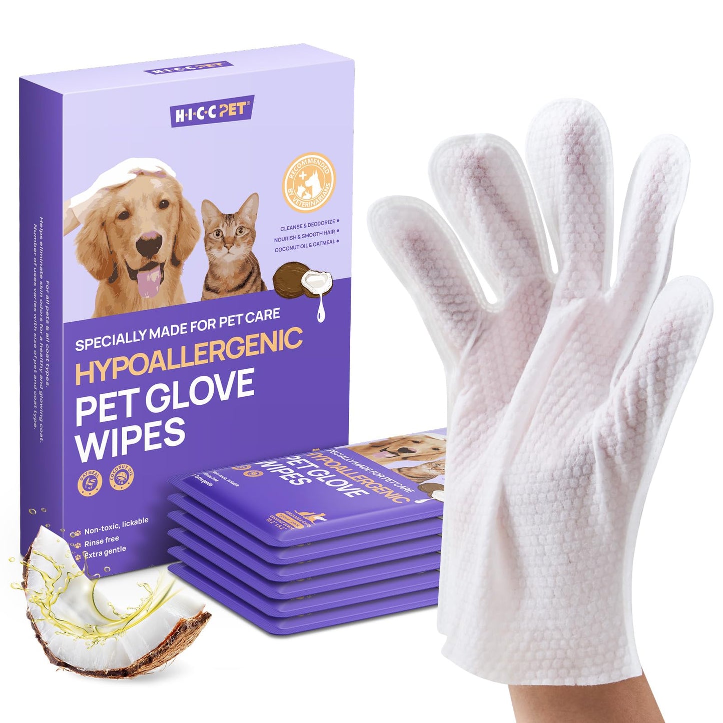 HICC PET Cleaning Deodorizing Glove Wipes for Dogs & Cats, Vet Recommended Hypoallergenic Hydrating & Nourish Fur Pet Grooming Glove Wipes