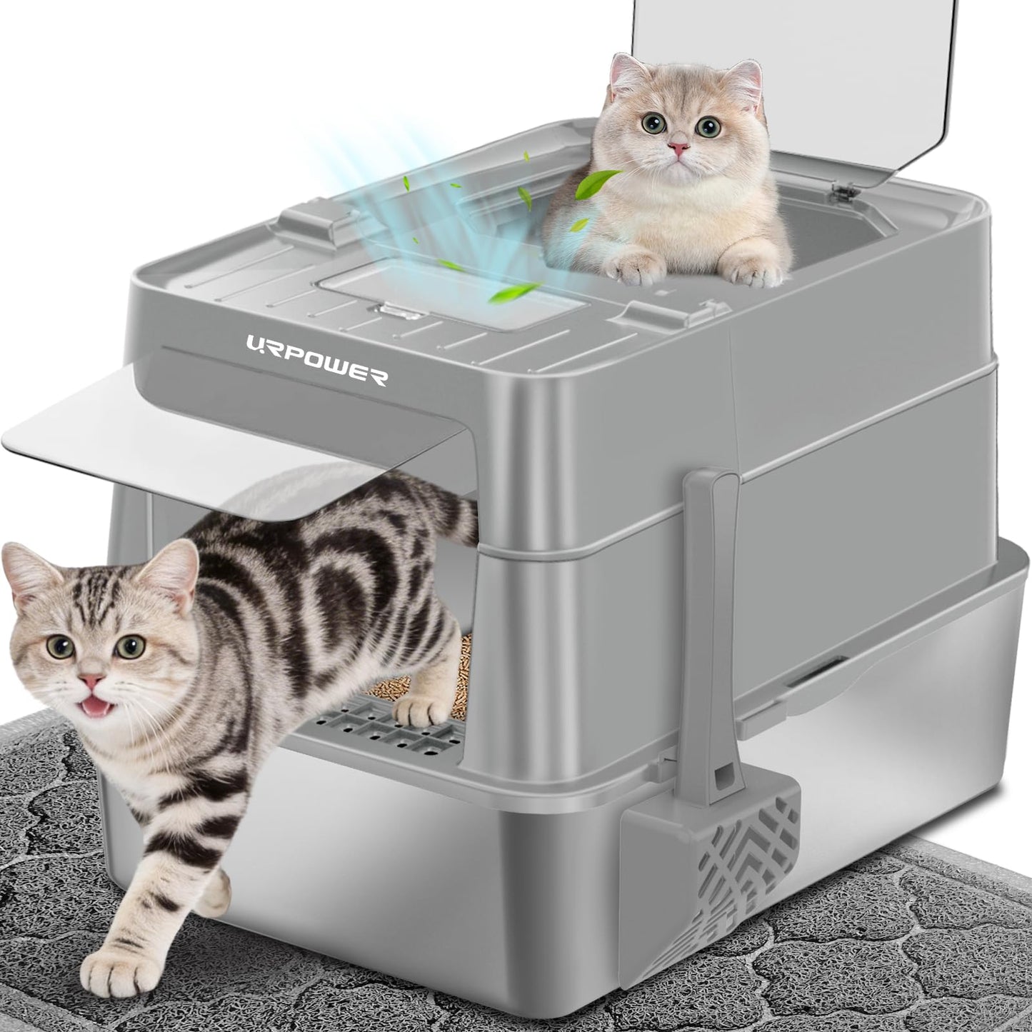 URPOWER Stainless Steel Cat Litter Box with Flip-Top Lid Extra Large Enclosed Litter Box Non-Sticky Metal Pan with High Sided & Scoop, Odor Free, Front & Top Entry, Anti-Leakage, Easy Cleaning