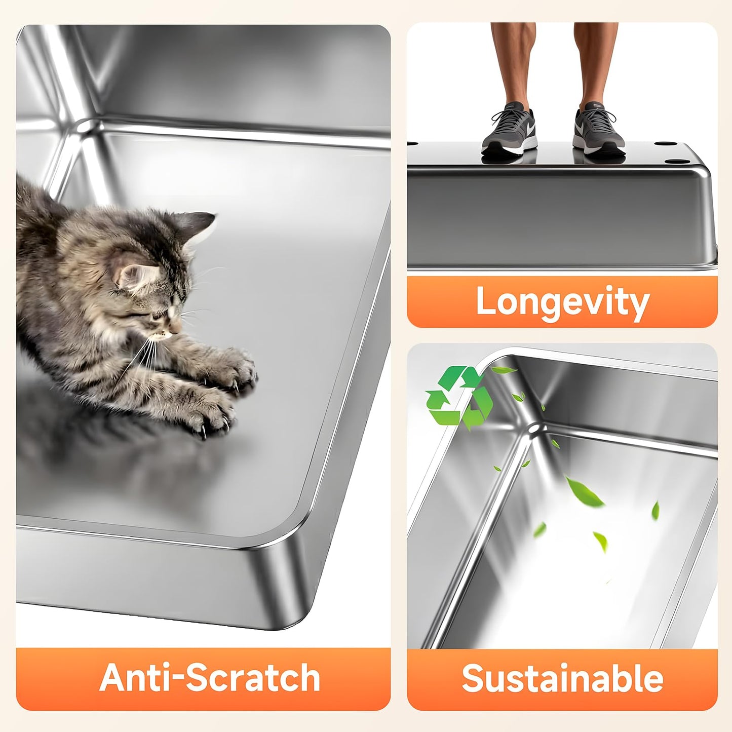 Tevila Stainless Steel Litter Box with High Sides, XL High Sided Cat Litter Pan, Open Top Extra Large Metal Cat Litter Box, Non-Stick, Odor Free, Leakproof, Scoop Included