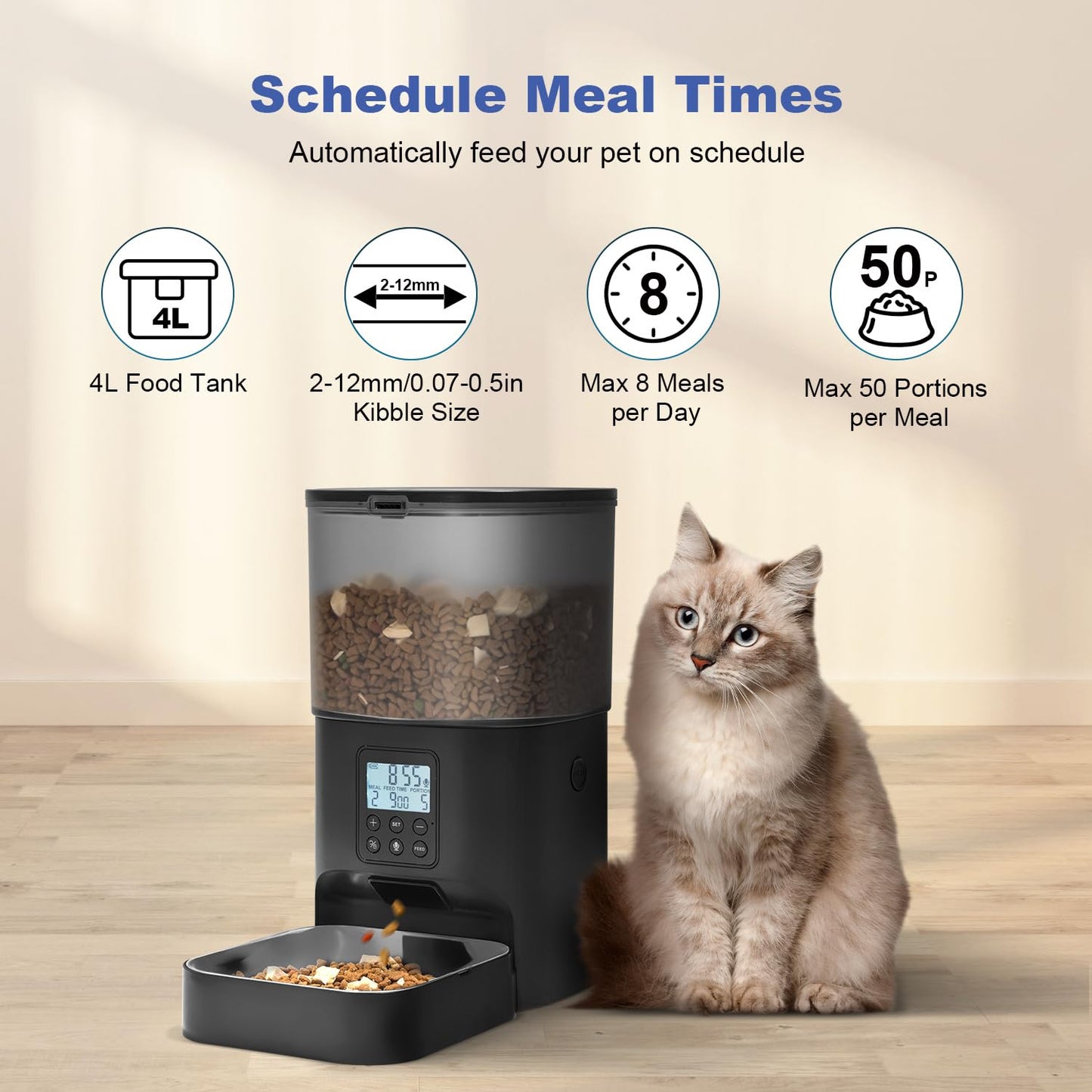 Automatic Cat Feeder, Cat Food Dispenser with 10s Voice Recorder, Pet Feeder up to 8 Meals per Day, Timed Feeder with Dry Food Sealed Ring