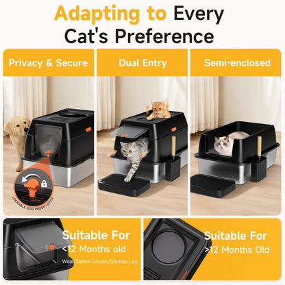 Extra Large Stainless Steel Litter Box with Lid, High Sided Enclosed Metal Cat Litter Pan, Dog Proof Front Entry Top Exit, Odor Control Easy Clean Leak Proof, Includes Scoop & Step, Black