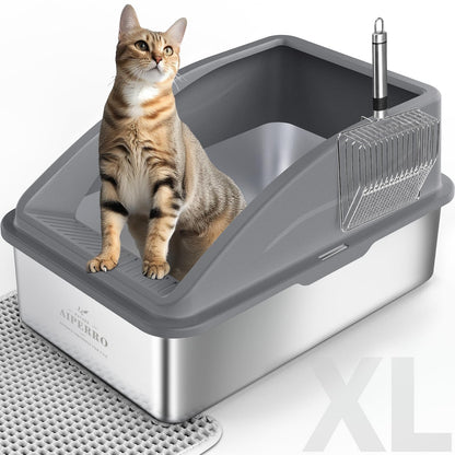 AIPERRO Stainless Steel Litter Box | XL Enclosed Cat Litter Boxs with Lid for Big Cats | High Sided, Anti-Urine Leakage | Non-Stick Bottom & Includes Litter Mat & Metal Scoop