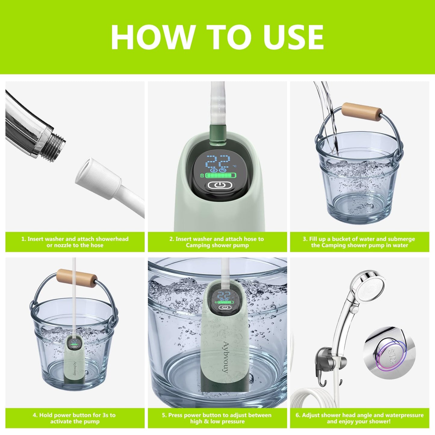 Aybvouy Portable Shower for Camping, 6000mAh Rechargeable Electric Outdoor Camping Shower Pump with LED Display, 4 Spray Modes, IPX8 Waterproof for Hiking, Travel, Car Washing & Pet Bath