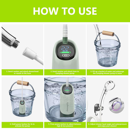 Aybvouy Portable Shower for Camping, 6000mAh Rechargeable Electric Outdoor Camping Shower Pump with LED Display, 4 Spray Modes, IPX8 Waterproof for Hiking, Travel, Car Washing & Pet Bath