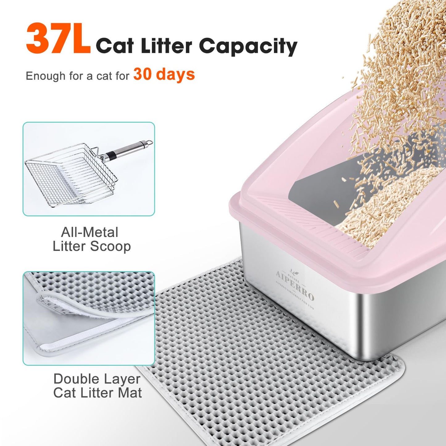 AIPERRO Stainless Steel Litter Box | XL Enclosed Cat Litter Boxs with Lid for Big Cats | High Sided, Anti-Urine Leakage | Non-Stick Bottom & Includes Litter Mat & Metal Scoop