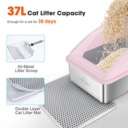 AIPERRO Stainless Steel Litter Box | XL Enclosed Cat Litter Boxs with Lid for Big Cats | High Sided, Anti-Urine Leakage | Non-Stick Bottom & Includes Litter Mat & Metal Scoop