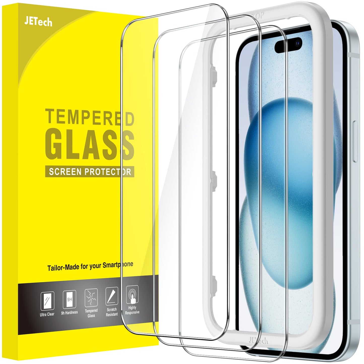 JETech Screen Protector for iPhone 17/16/15 Series, Tempered Glass Film with Easy Installation Tool, Case-Friendly, HD Clear, 3-Pack