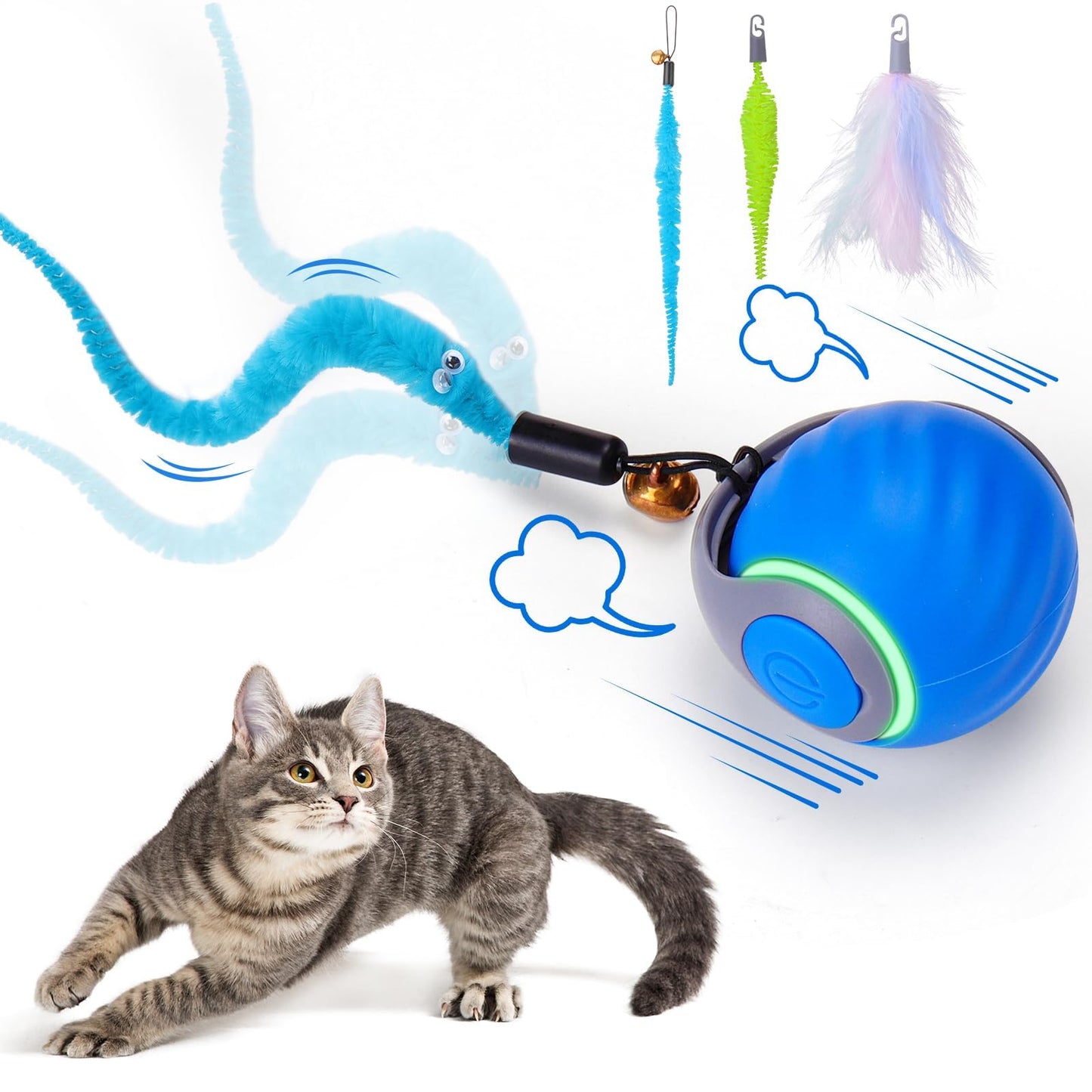 Dr. Fluffyyes Interactive Cat Toy Ball – Motion-Activated, USB Rechargeable Ball with Anti-Scratch Cover & 2 Changeable Tails – Fun Indoor Enrichment Toy for Active Cats & Kittens