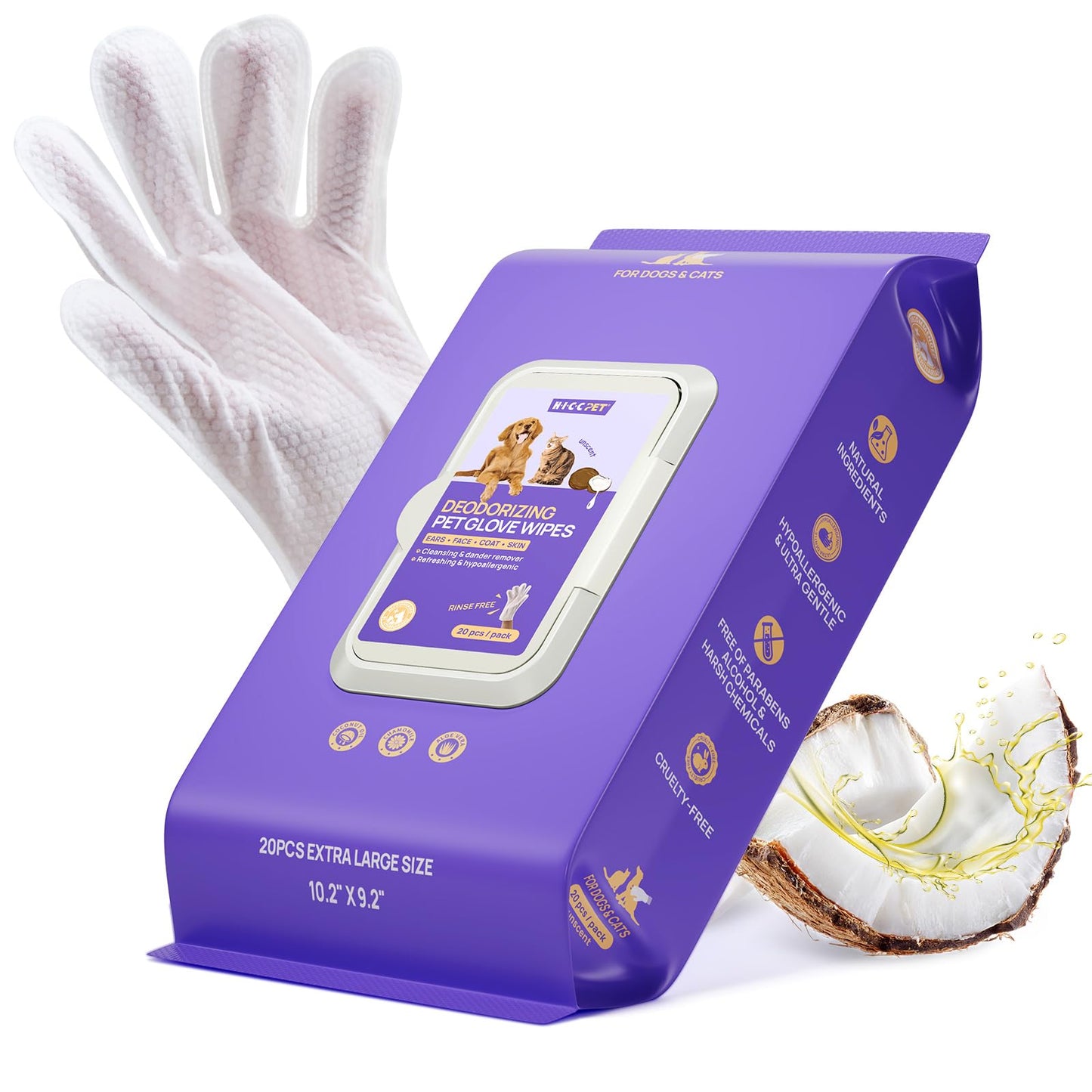 HICC PET Cleaning Deodorizing Glove Wipes for Dogs & Cats, Vet Recommended Hypoallergenic Hydrating & Nourish Fur Pet Grooming Glove Wipes