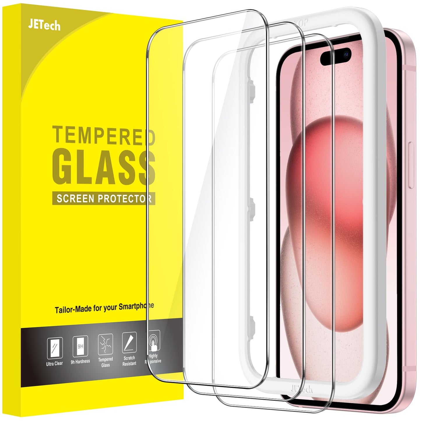 JETech Screen Protector for iPhone 17/16/15 Series, Tempered Glass Film with Easy Installation Tool, Case-Friendly, HD Clear, 3-Pack