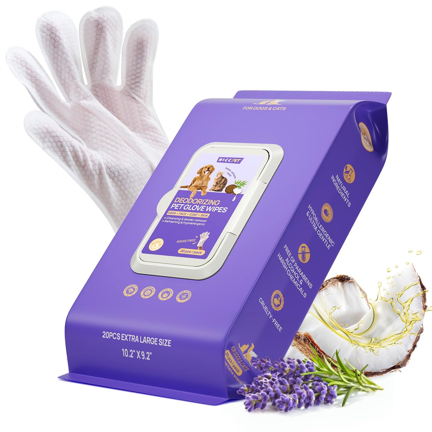 HICC PET Cleaning Deodorizing Glove Wipes for Dogs & Cats, Vet Recommended Hypoallergenic Hydrating & Nourish Fur Pet Grooming Glove Wipes
