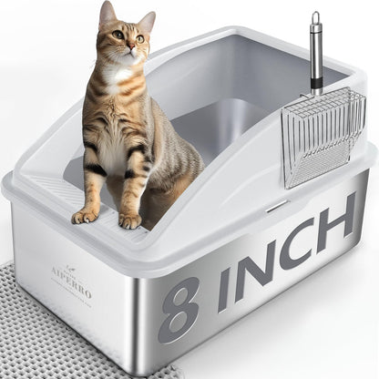 AIPERRO Stainless Steel Litter Box | XL Enclosed Cat Litter Boxs with Lid for Big Cats | High Sided, Anti-Urine Leakage | Non-Stick Bottom & Includes Litter Mat & Metal Scoop