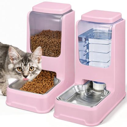 2 Pack Automatic Cat Feeder and Water Dispenser Set with Dog Stainless Steel Feed Bowl Pet Gravity Self Feeding and Waterer Large Capacity for Small Medium Large Dogs Puppy Kitten