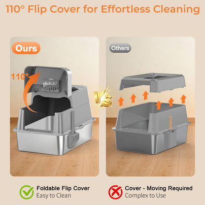 URPOWER Stainless Steel Cat Litter Box with Flip-Top Lid Extra Large Enclosed Litter Box Non-Sticky Metal Pan with High Sided & Scoop, Odor Free, Front & Top Entry, Anti-Leakage, Easy Cleaning