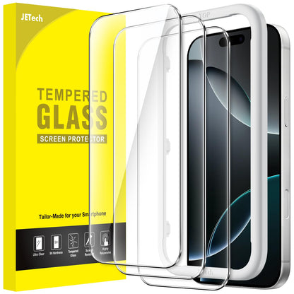 JETech Screen Protector for iPhone 17/16/15 Series, Tempered Glass Film with Easy Installation Tool, Case-Friendly, HD Clear, 3-Pack