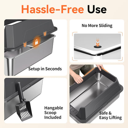 Tevila Stainless Steel Litter Box with High Sides, XL High Sided Cat Litter Pan, Open Top Extra Large Metal Cat Litter Box, Non-Stick, Odor Free, Leakproof, Scoop Included