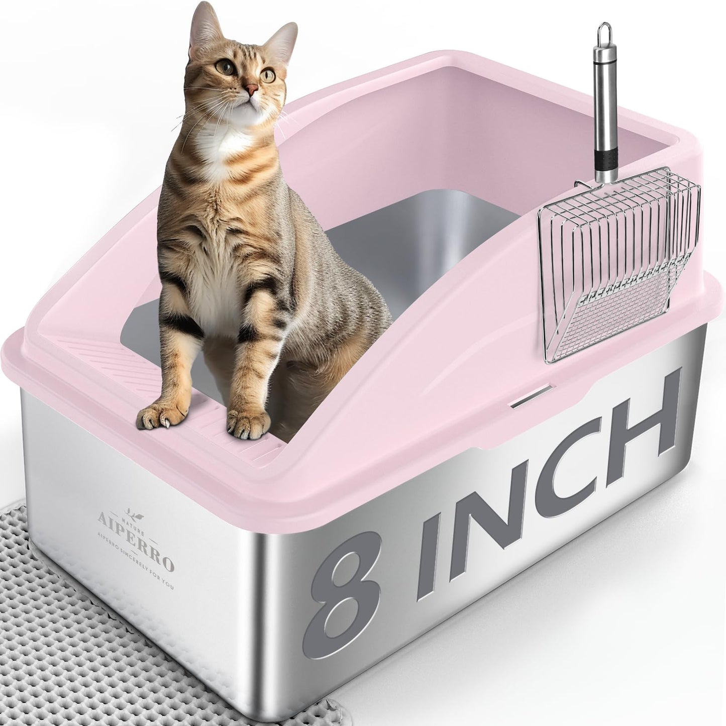 AIPERRO Stainless Steel Litter Box | XL Enclosed Cat Litter Boxs with Lid for Big Cats | High Sided, Anti-Urine Leakage | Non-Stick Bottom & Includes Litter Mat & Metal Scoop