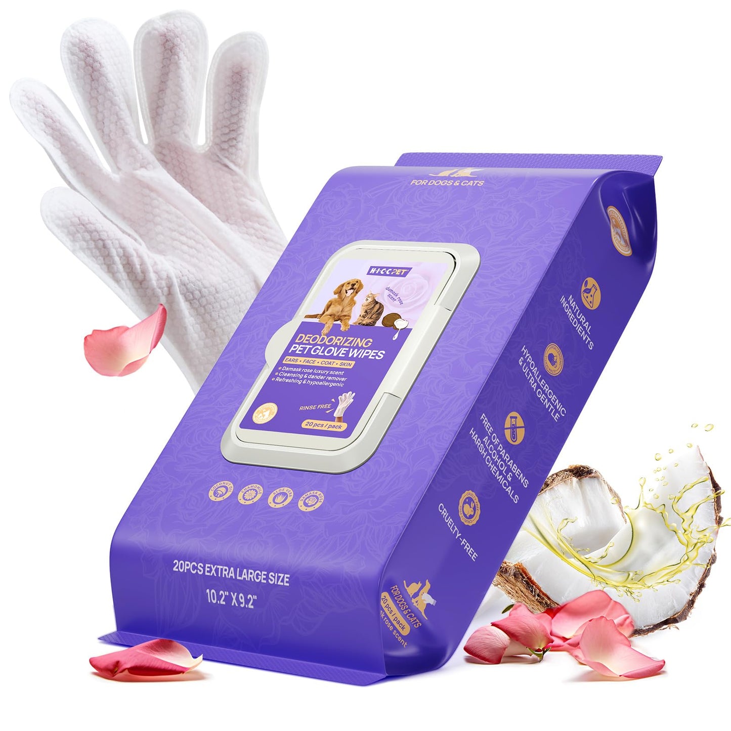 HICC PET Cleaning Deodorizing Glove Wipes for Dogs & Cats, Vet Recommended Hypoallergenic Hydrating & Nourish Fur Pet Grooming Glove Wipes