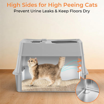 URPOWER Stainless Steel Cat Litter Box with Flip-Top Lid Extra Large Enclosed Litter Box Non-Sticky Metal Pan with High Sided & Scoop, Odor Free, Front & Top Entry, Anti-Leakage, Easy Cleaning