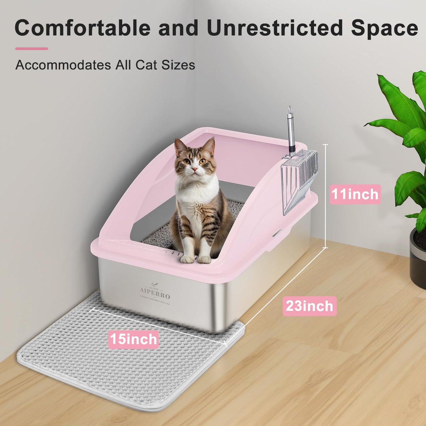 AIPERRO Stainless Steel Litter Box | XL Enclosed Cat Litter Boxs with Lid for Big Cats | High Sided, Anti-Urine Leakage | Non-Stick Bottom & Includes Litter Mat & Metal Scoop