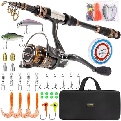 PLUSINNO Fishing Rod and Reel Combos - Carbon Fiber Telescopic Fishing Pole - Spinning Reel 12 +1 Shielded Bearings Stainless Steel BB