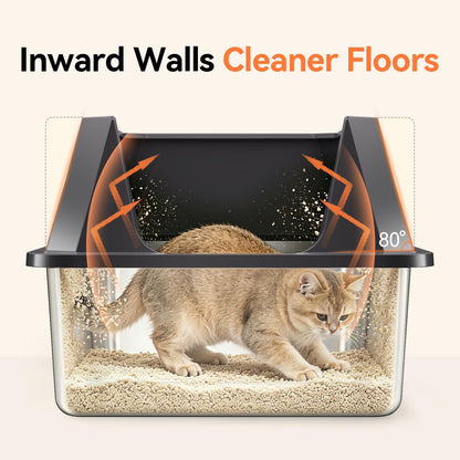 Tevila Stainless Steel Litter Box with High Sides, XL High Sided Cat Litter Pan, Open Top Extra Large Metal Cat Litter Box, Non-Stick, Odor Free, Leakproof, Scoop Included