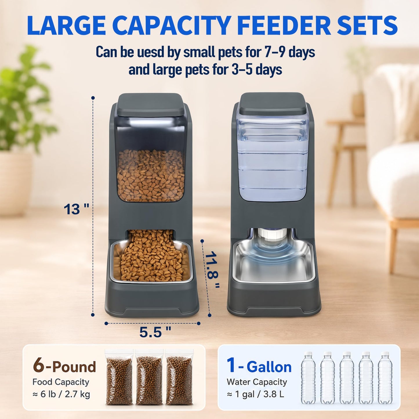 2 Pack Automatic Cat Feeder and Water Dispenser Set with Dog Stainless Steel Feed Bowl Pet Gravity Self Feeding and Waterer Large Capacity for Small Medium Large Dogs Puppy Kitten
