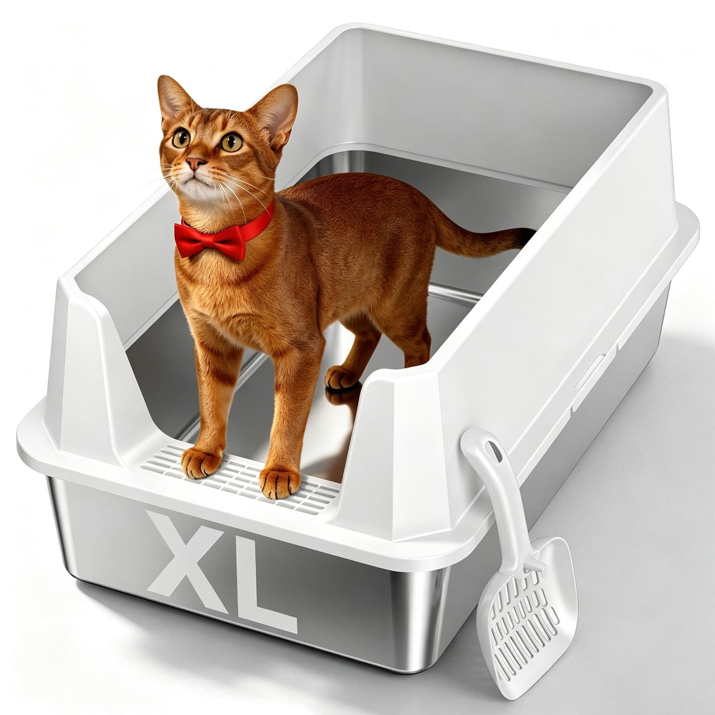 Tevila Stainless Steel Litter Box with High Sides, XL High Sided Cat Litter Pan, Open Top Extra Large Metal Cat Litter Box, Non-Stick, Odor Free, Leakproof, Scoop Included