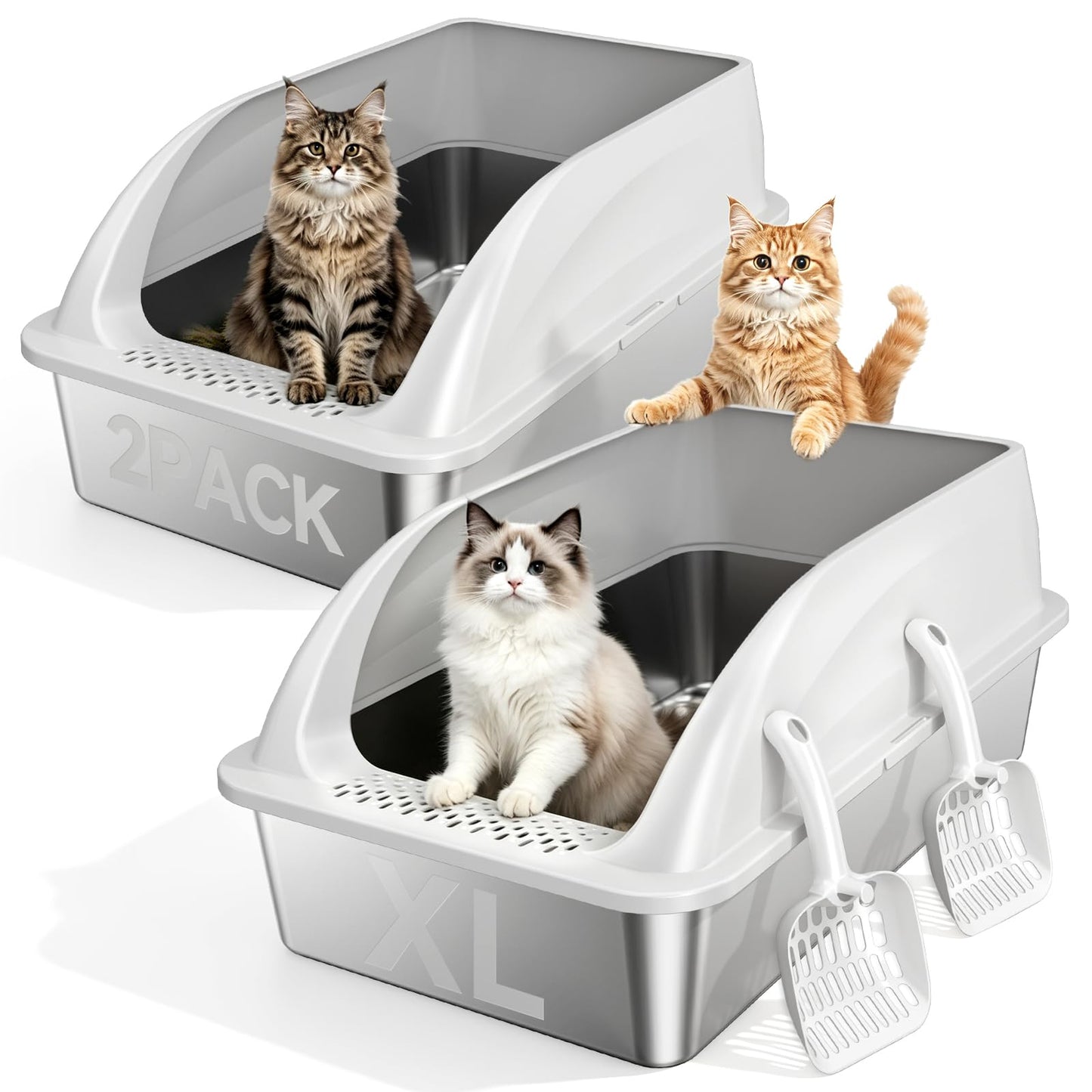 Tevila Stainless Steel Litter Box with High Sides, XL High Sided Cat Litter Pan, Open Top Extra Large Metal Cat Litter Box, Non-Stick, Odor Free, Leakproof, Scoop Included
