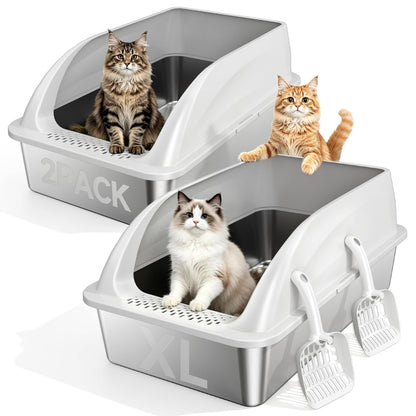 Tevila Stainless Steel Litter Box with High Sides, XL High Sided Cat Litter Pan, Open Top Extra Large Metal Cat Litter Box, Non-Stick, Odor Free, Leakproof, Scoop Included