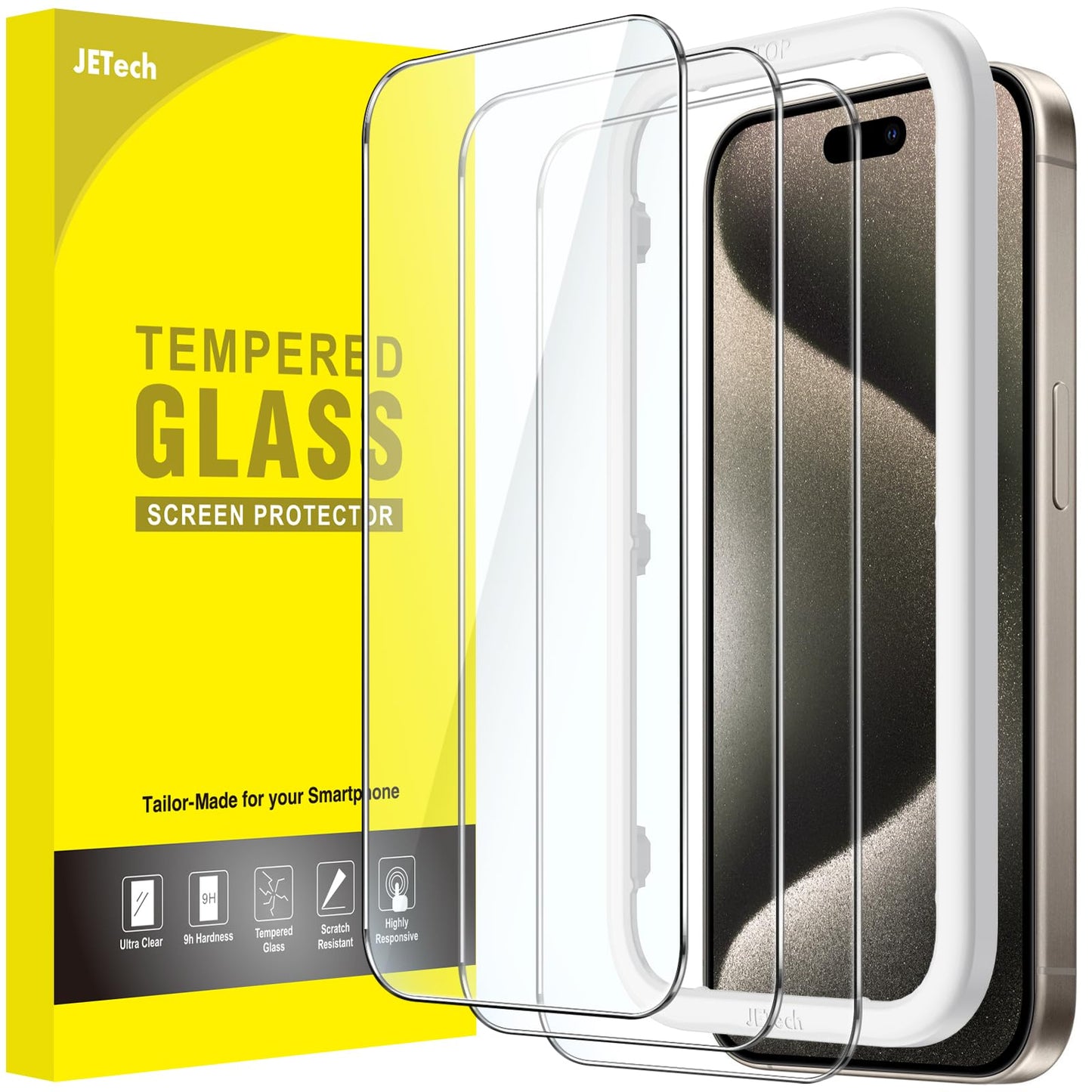 JETech Screen Protector for iPhone 17/16/15 Series, Tempered Glass Film with Easy Installation Tool, Case-Friendly, HD Clear, 3-Pack