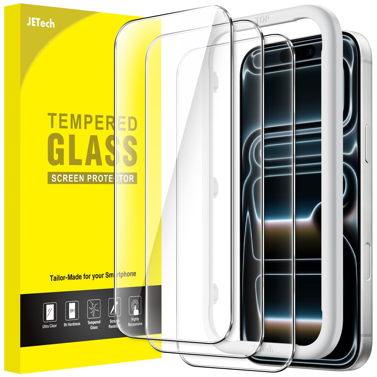 JETech Screen Protector for iPhone 17/16/15 Series, Tempered Glass Film with Easy Installation Tool, Case-Friendly, HD Clear, 3-Pack