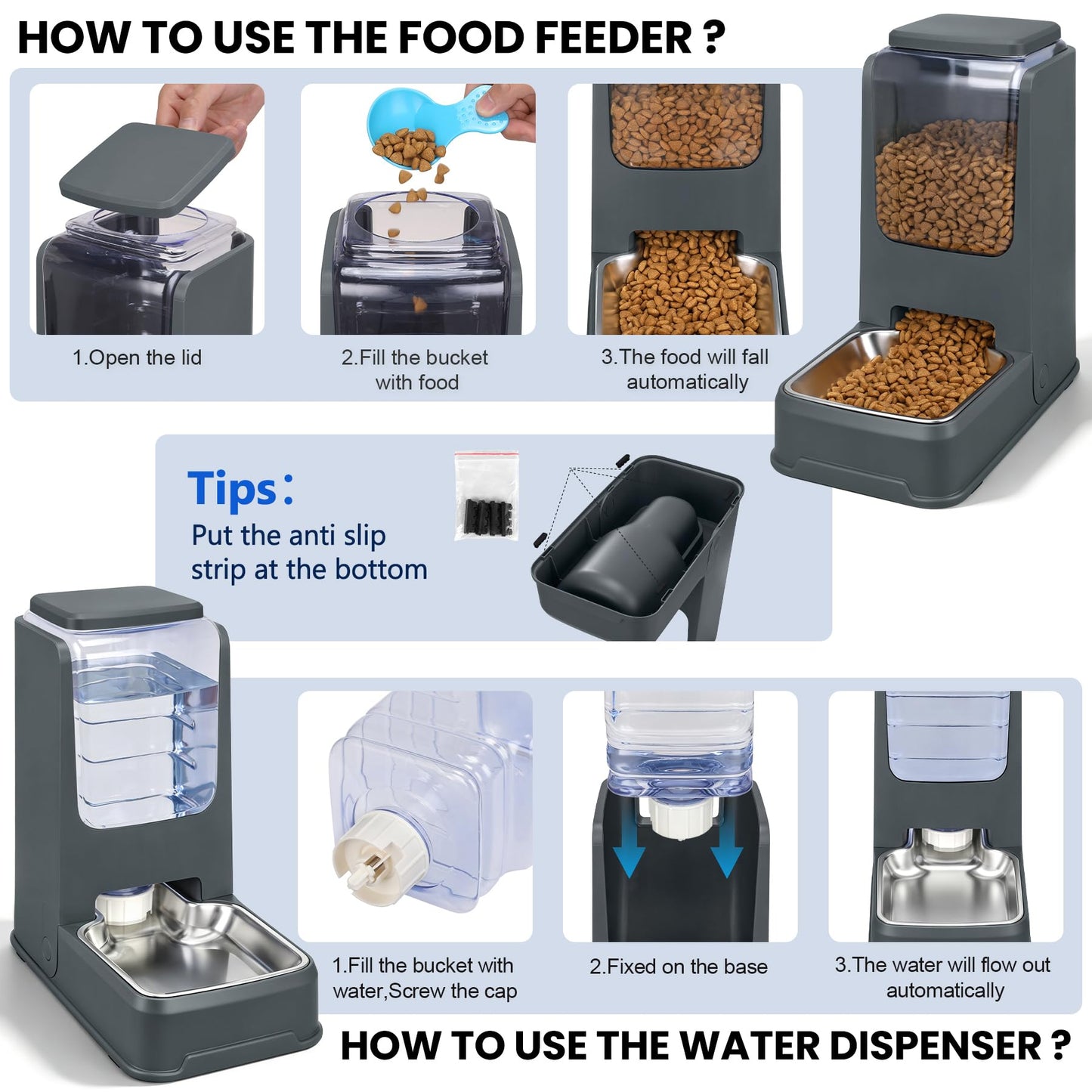 2 Pack Automatic Cat Feeder and Water Dispenser Set with Dog Stainless Steel Feed Bowl Pet Gravity Self Feeding and Waterer Large Capacity for Small Medium Large Dogs Puppy Kitten